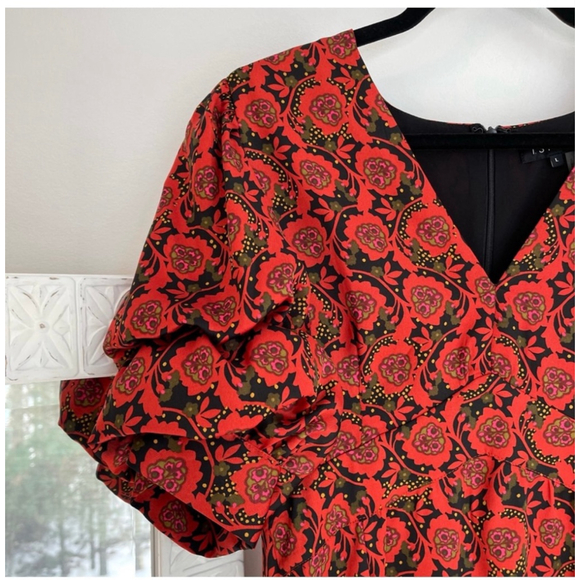 1 State Blooms Print Puff Sleeve V-Neck Fit & Flare Dress Wine Red L - Picture 9 of 13
